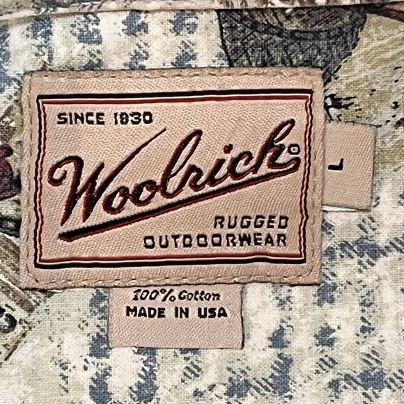 Woolrich Rugged Outdoor Shirt Long Sleeve Fishing Print Lake Vintage USA Large - Picture 5 of 10
